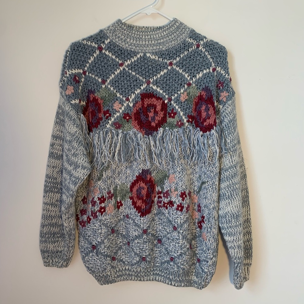 Vintage 80s Granny Boho Fringe Knit Sweater